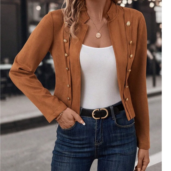 Classic Vegan Suede Button Detail Open Front Jacket Coat - Picture 7 of 8